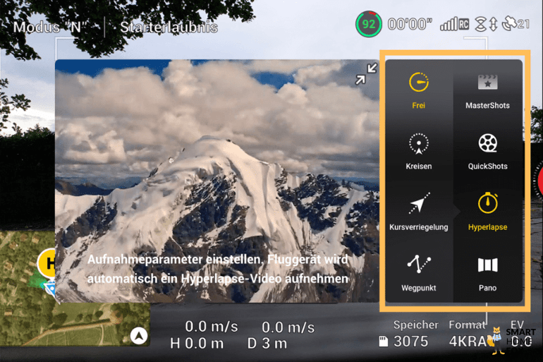 Verschiedene Videofunktionen der DJI Air 2S Drohne in der DJI Fly App im Test