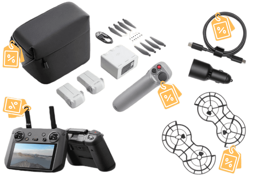 Verschiedene Drohnen Zubehör Teile wie Tragetasche, Akkus, Ladegerät, Rotorblätter, Fernsteuerung und Propeller-Schutzgitter