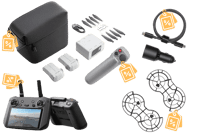 Verschiedene Drohnen Zubehör Teile wie Tragetasche, Akkus, Ladegerät, Rotorblätter, Fernsteuerung und Propeller-Schutzgitter