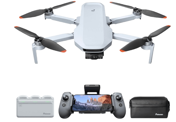 Die Potensic ATOM 2 Mini GPS Drohne mit 249 Gramm ist in der Combovariante, mit Controller, Tragetasche und zusätzlichen Akkus zu sehen.