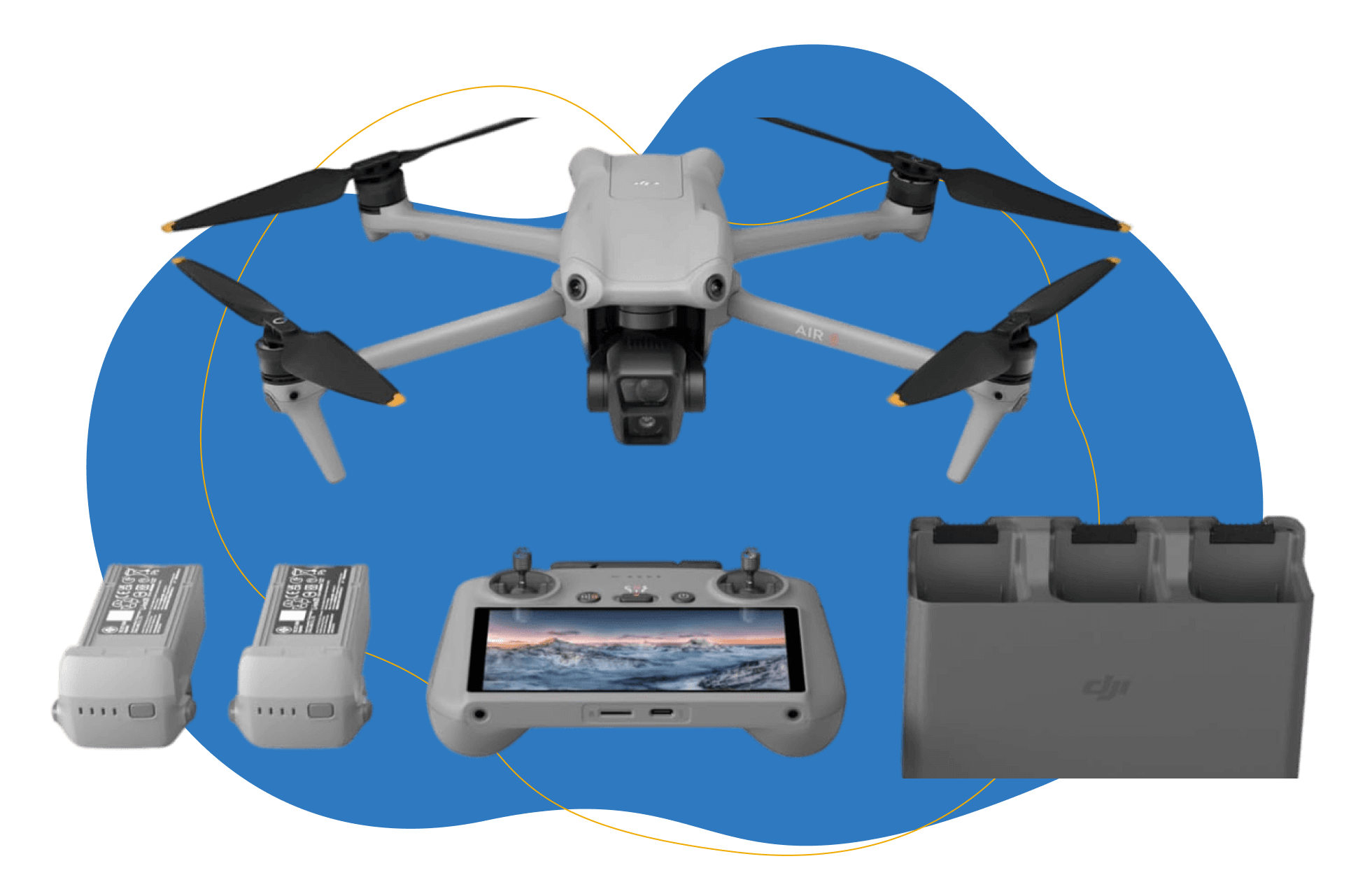 Die DJI Air 3 als Fly More Combo Paket steht vor einem blauen Hintergrund.