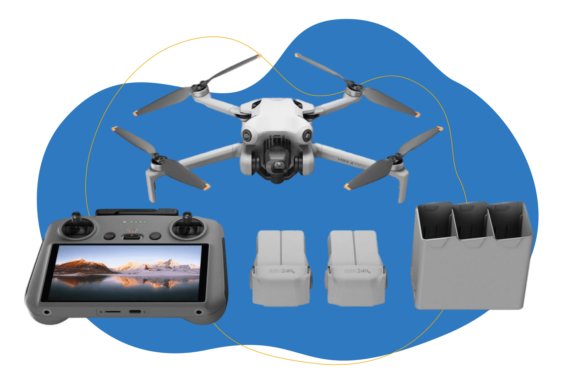 Die DJI Mini 4 Pro vor einem blauen Hintergrund mit DJI RC 2 Fernsteuerung, 2 Akkus und Mehrfach-Ladegerät.