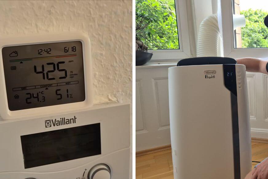 De'Longhi Pinguino PAC EX105 im Büroraum neben einem digitalen Thermometer mit Temperaturanzeige