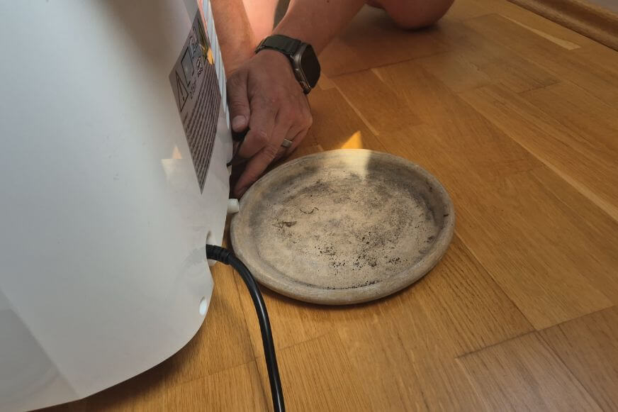 Rückseite der De'Longhi Pinguino PAC EX105 mit Kondenswasserablauf und Abluftanschluss