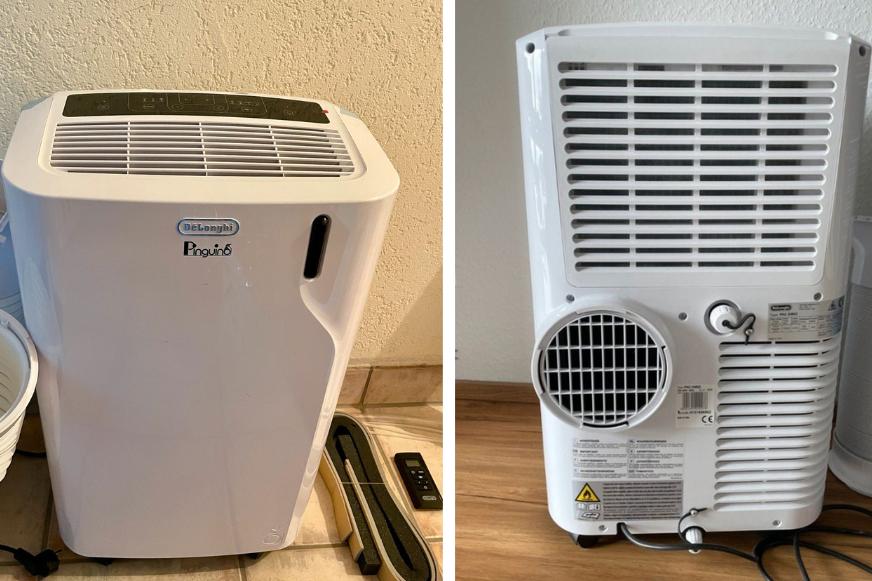 Das De’Longhi PAC EM82 Mobile Klimagerät steht auf dem Boden und wird von vorne und von oben gezeigt.