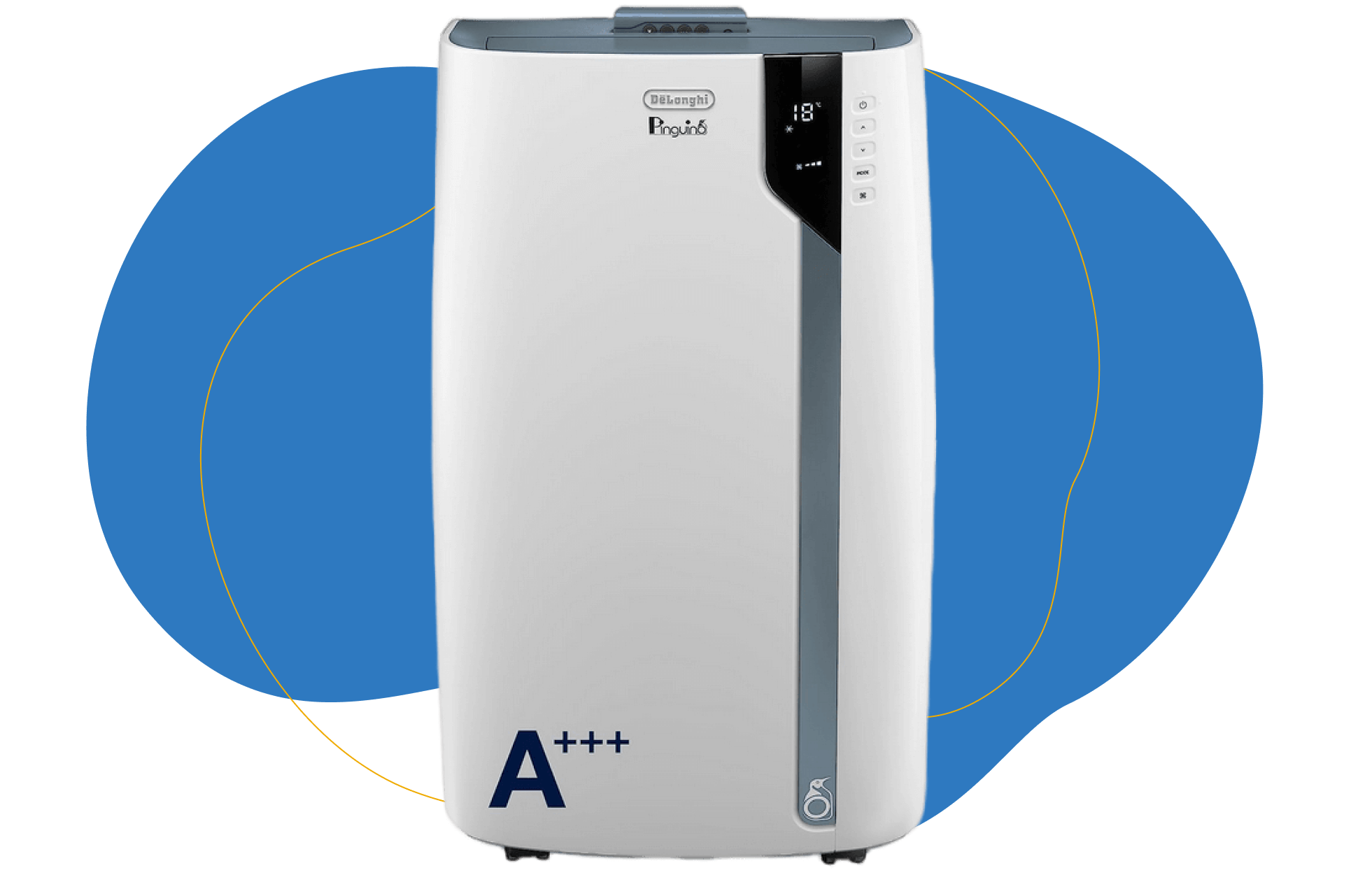 Die De’Longhi PAC EX105 Mobiles Klimagerät steht auf dem Boden und wird von vorne und von oben gezeigt.