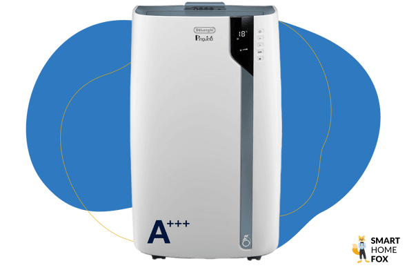 Die De’Longhi PAC EX105 Mobiles Klimagerät steht auf dem Boden und wird von vorne und von oben gezeigt.