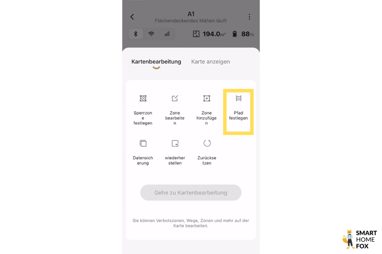 Die DreameHome App zeigt die Erstellung von Sperrzonen und Gartenverbindungen mit dem Dreame A1 Mähroboter.