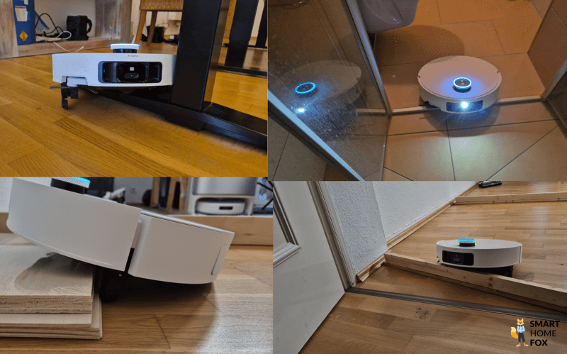 Der Dreame X50 Ultra versucht mit Hilfe der ProLeap Technologie in die Dusche hinaufzuklettern.