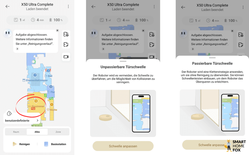 Eine Türschwelle wird in der Dreame X50 Ultra App als unpassierbare Türschwelle definiert.