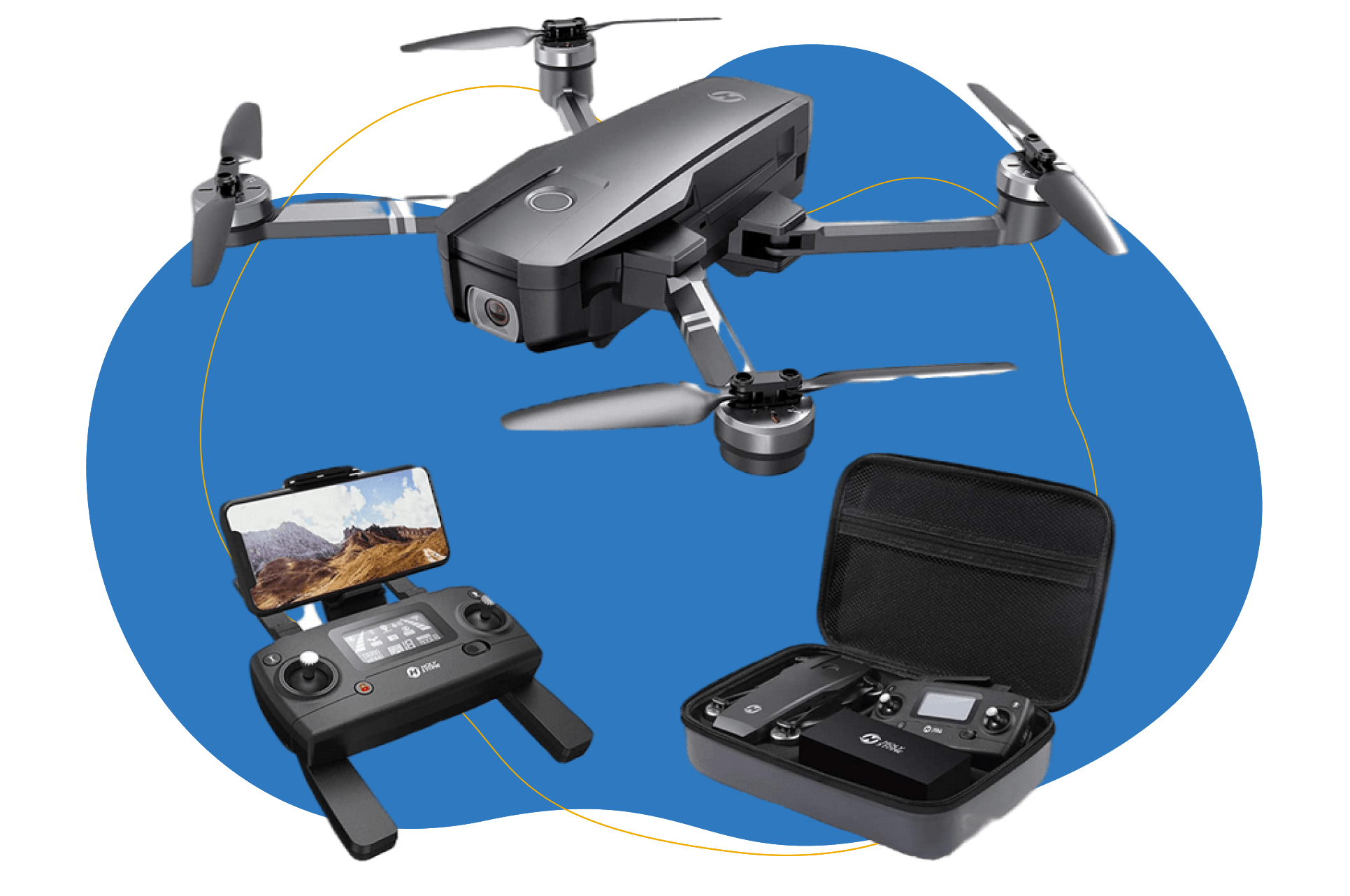 Die Holy Stone HS720 G Drohne liegt neben der Fernbedienung und dem Reisekoffer.