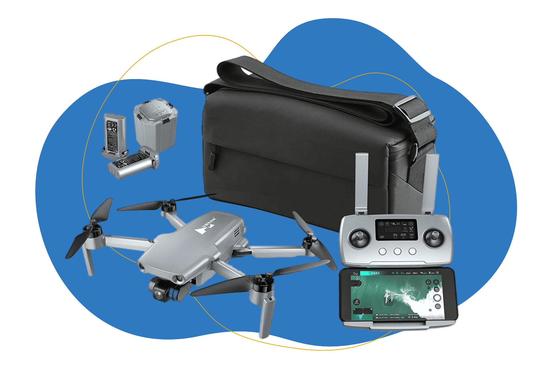 Die Hubsan Zino Mini Pro ist samt Transporttasche und Controller zu sehen.