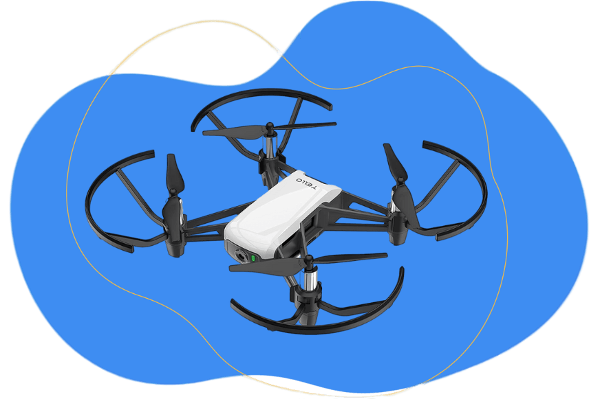 Die DJI Ryze Tello Mini Drohne in der Standardausführung vor einem weißen Hintergrund