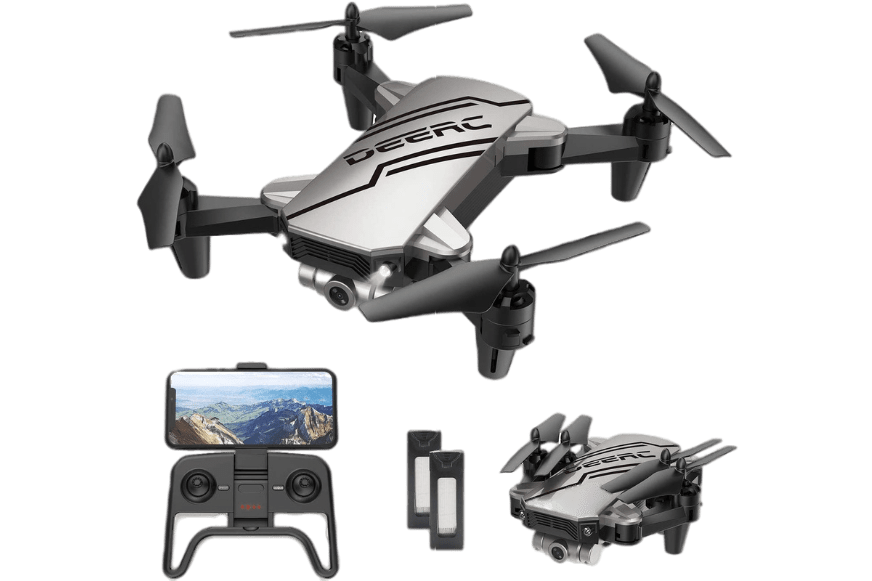 Die Deerc D20 Mini Drohne steht vor einem weißen Hintergrund