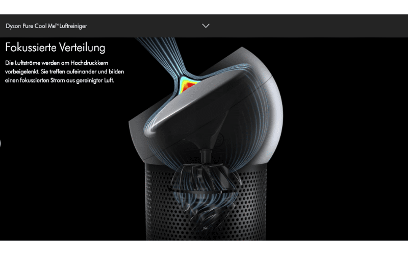 Die Luftströme treffen aus verschiedenen Richtungen auf der Linse des Dyson Pure Cool Me BP01 aufeinander und erzeugen einen Luftstrom mit hohem Druck.