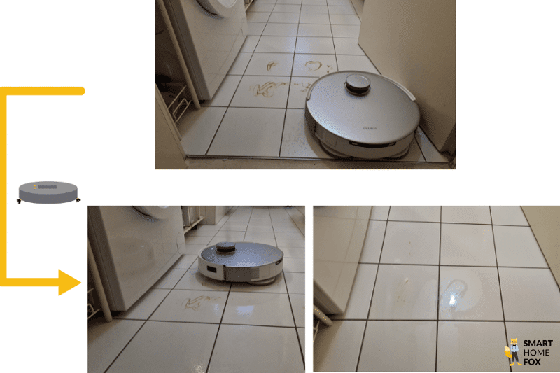 Das Ergebnis des Extrem-Wischtestsdes ECOVACS DEEBOT T20 OMNI auf dem Fließboden im Bad ist zu sehen.