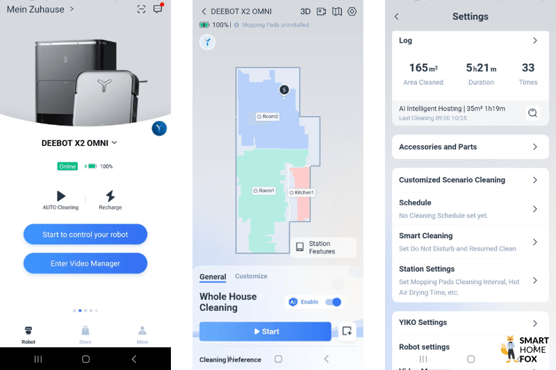 Der Startbildschirm der ECOVACS DEEBOT X2 OMNI App ist zu sehen.