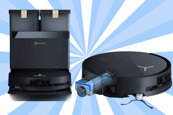 ECOVACS DEEBOT X8 PRO OMNI ist vor einem bunten Hintergrund zu sehen.