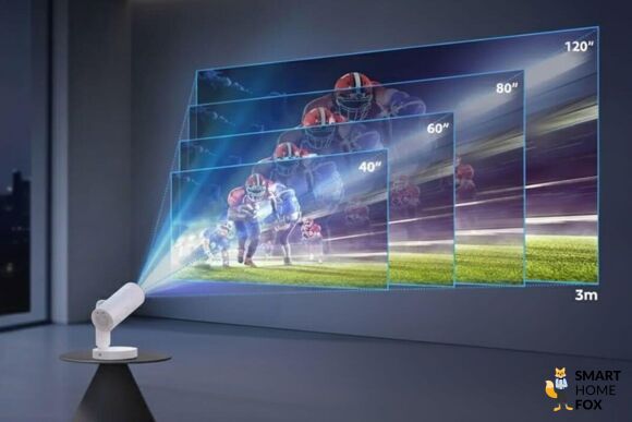 Der kompakte ETOE Starfish PLUS Projektor wirft ein gestochen scharfes Bild an die Wohnzummerwand mit Unterschiedlicher Zollgröße – individuell einstellbar & flüsterleise.