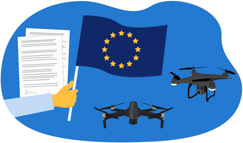 Die EU-Drohnenverordnung wird neben die europäische Flagge gehalten und daneben schweben mehrere Drohnen.