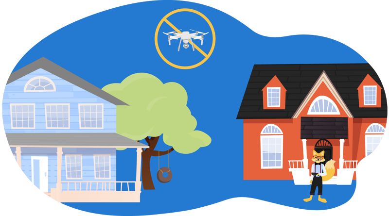 Das Fliegen von Drohnen ist über nicht eigenen Grundstücken und Wohngebieten aus Schutz vor Privatsphäre verboten.