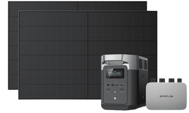 Das EcoFlow Powerstream Balkonkraftwerk mit EcoFlow DELTA 2 Powerstation im Sale Bundle steht nebeneinander.