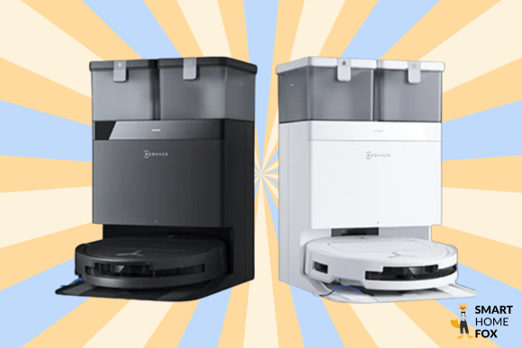 Der ECOVACS DEEBOT T50 PRO OMNI ist in weißer und schwarzer Farbe vor einem bunten Hintergrund zu sehen.