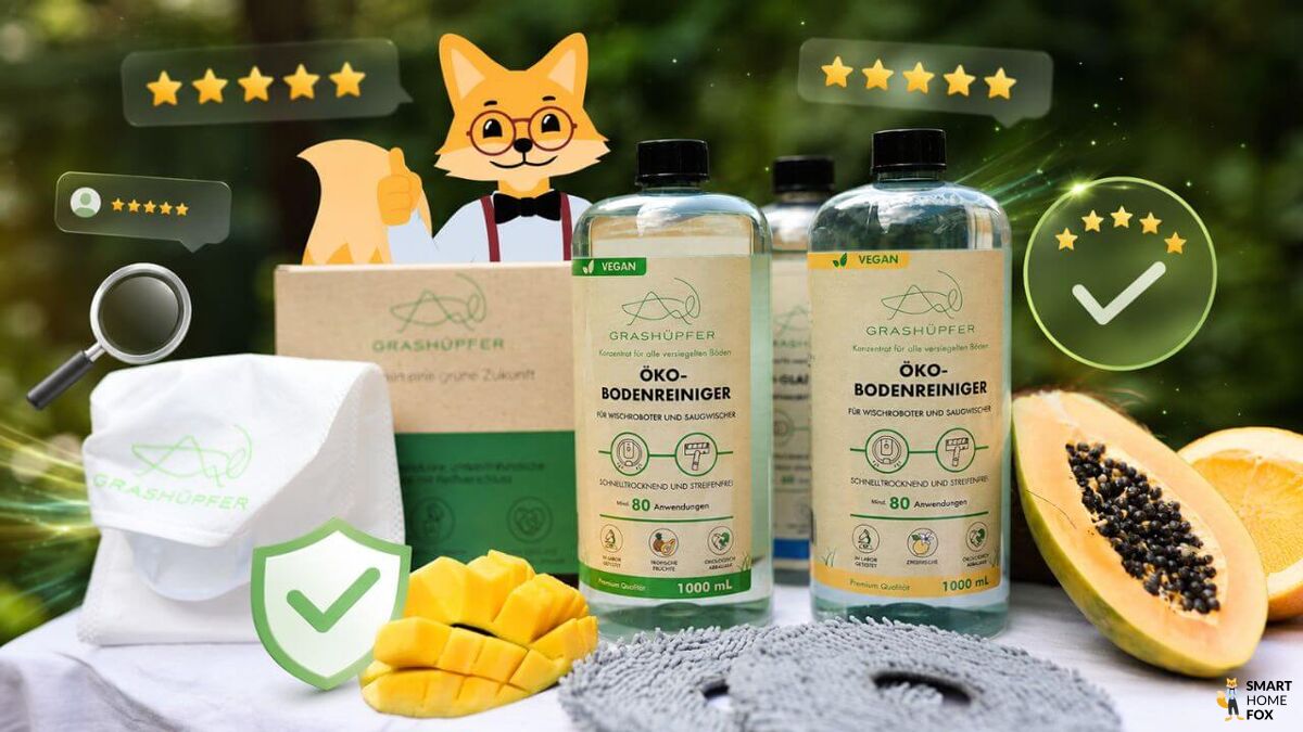 Grashüpfer Öko-Reiniger Produktfamilie für Wischroboter und smarte Haushaltsgeräte und RuUseMe Staubbeutel liegen nebeneinander und der Smart-Home-Fox Experte stellt die Erfahrungen und BEwertungen in Frage