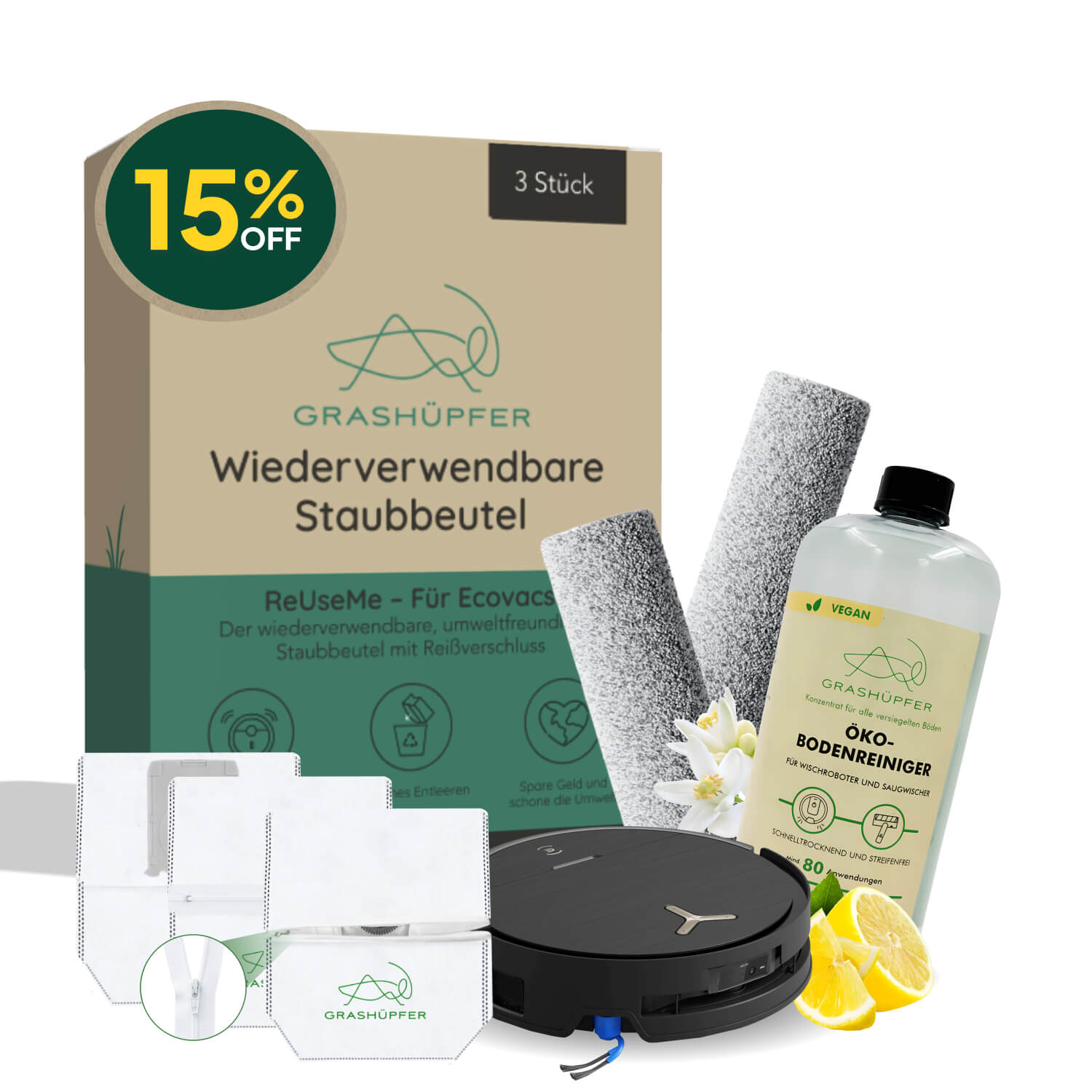 Das Grashüpfer ECOVACS DEEBOT Nachfüllset, besteht aus 1x Öko Bodenreiniger Flasche und 3x ReUseMe Staubbeutel für ECOVACS DEEBOT Saugroboter.