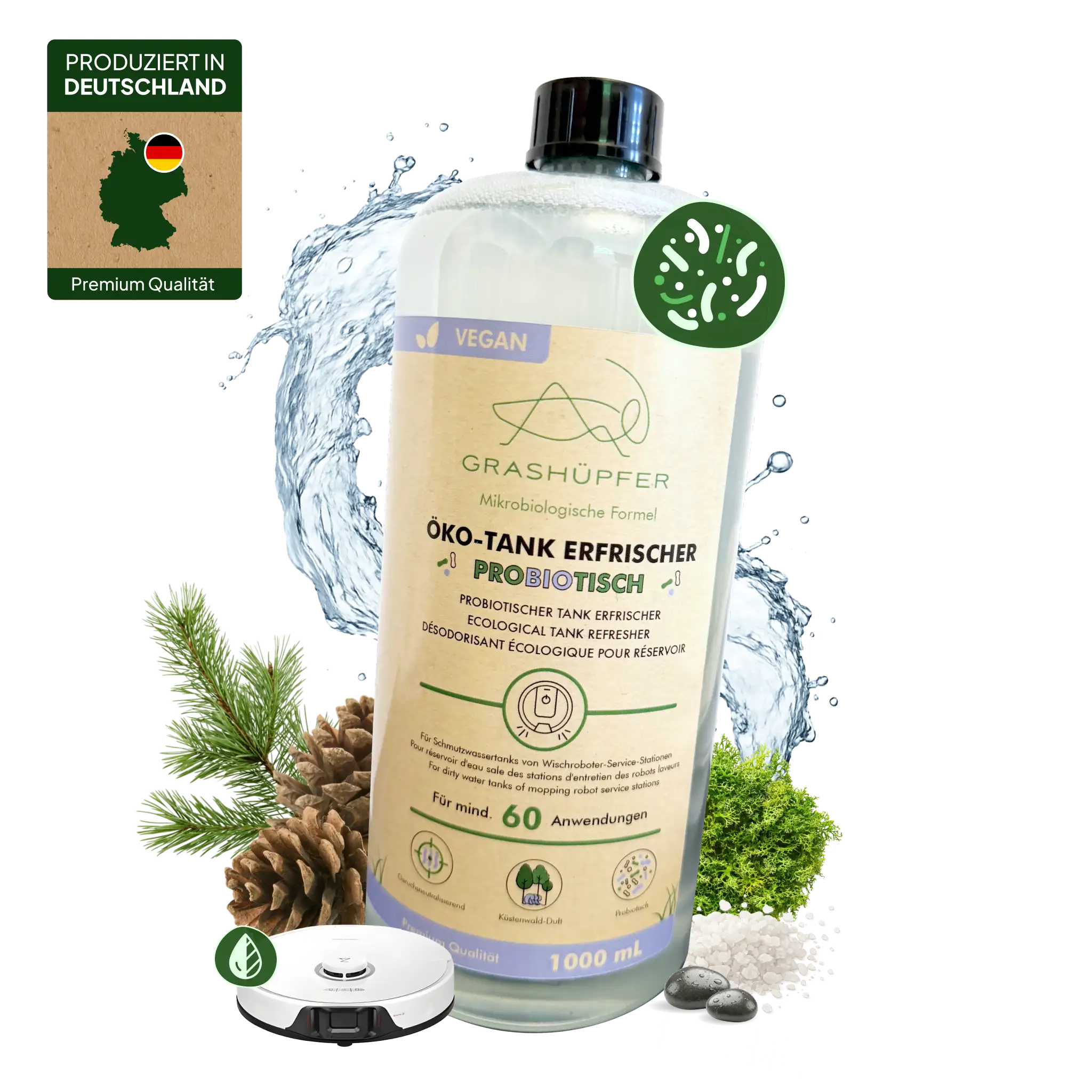 Der probiotische Öko-Tankerfrischer von Grashüpfer in einer 1000ml Flasche mit Küstenwald-Duft ist zu sehen neben einem Wischroboter.