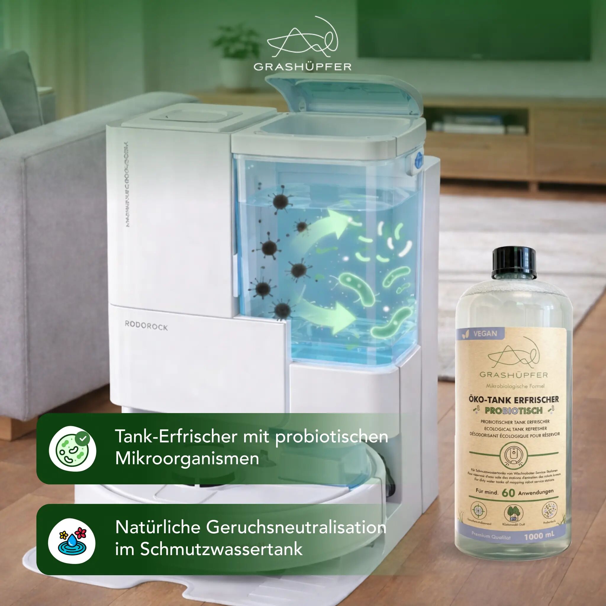 Der probiotische Öko-Tanbkerfrischer von Grashüpfer ist in der 1000ml Flasche zu sehen und daneben ist ein Wischroboter und der Duft von Küstenwald.