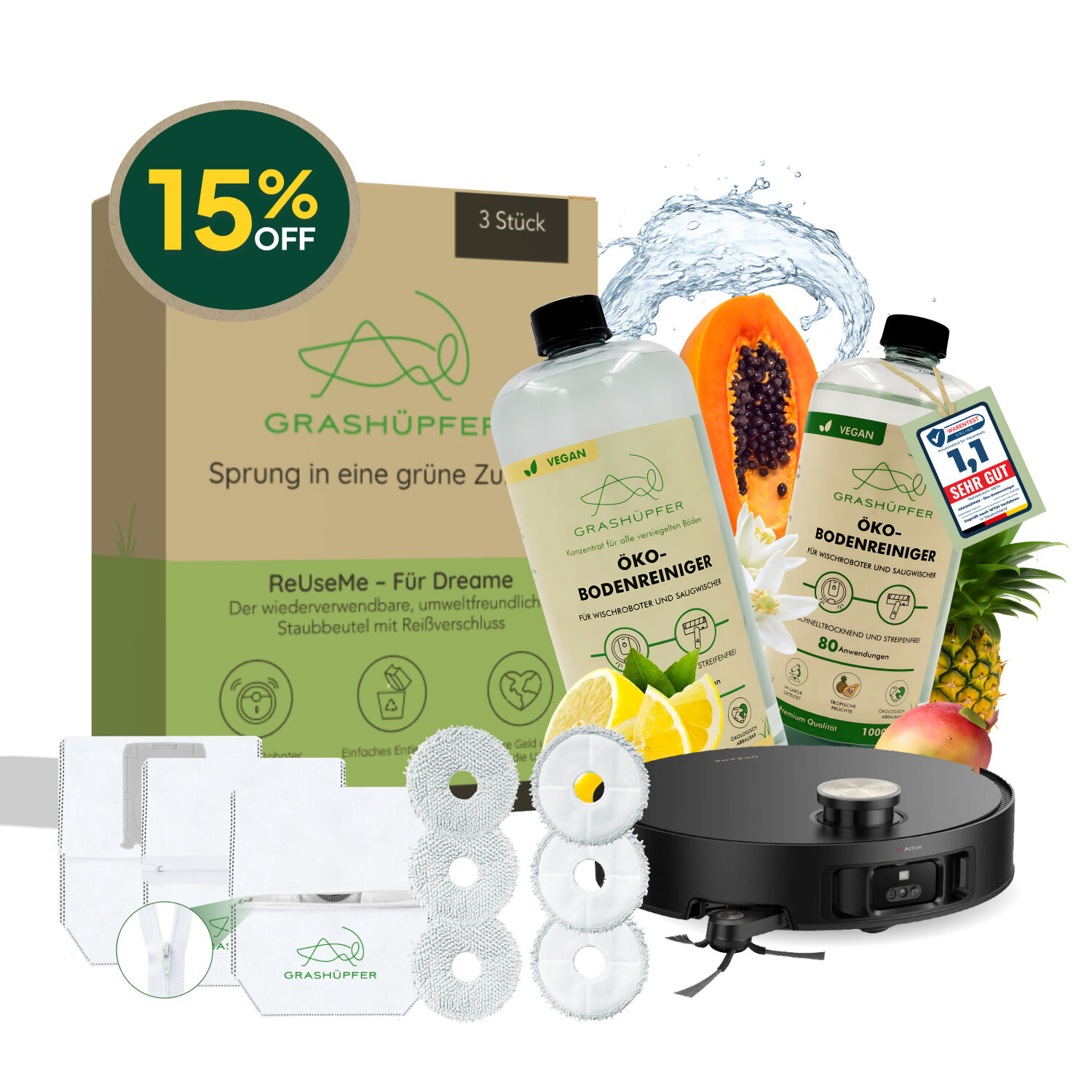 Ersatzteile Set Dreame Saug-Wisch-Roboter ist vor einem weißen Hintergrund zu sehen.