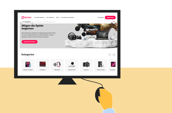 Smart Home Fox Hand vor Bildschirm mit Grover Website