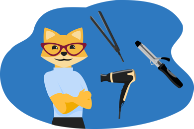 Smart Home Fox mit verschränkten Armen neben Föhn, Glätteisen und Lockenstab