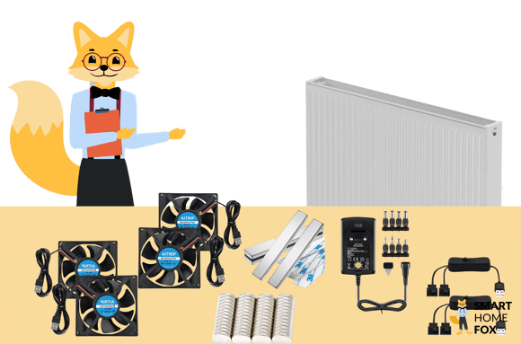 Der Smart-Home-Fox Experte steht vor den Einzelteilen, um einen Heizkörper Ventilator selber bauen und erklärt die Schritt-für-Schritt-Anleitung.