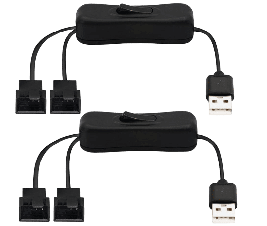 PNGKNYOCN 40 cm USB auf Dual 3-Pin / 4-Pin PWM 5 V USB Sleeved Fan Power Adapter Kabel, mit ON/OFF Kippschalter (2er-Pack) vor einem weißen Hintergrund..