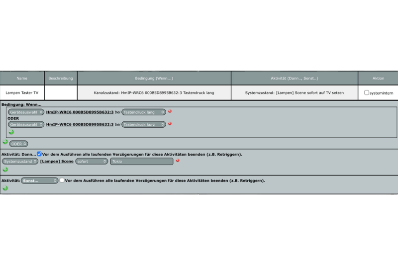 Screenshot des Philips hue Wandtaster Programms im Homematic Webbrowser