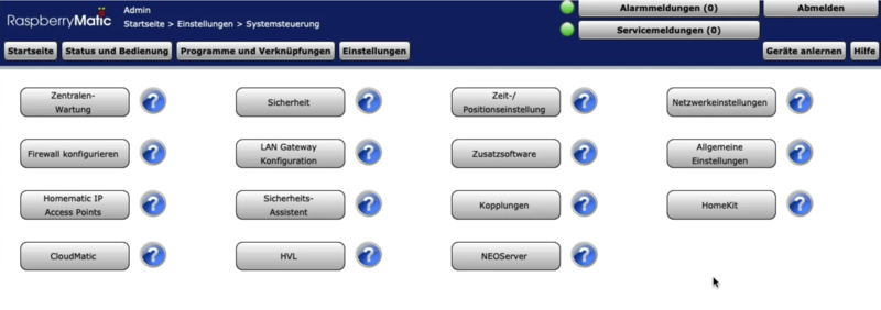 Screenshot des RaspberryMatic/CCU3 Webbrowsers mit HomeKit PlugIn