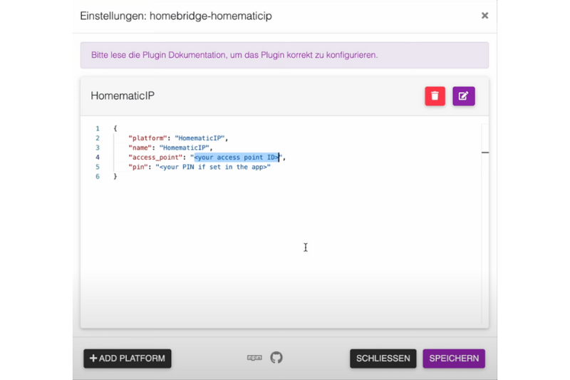 Screenshot der Homebridge-Oberfläche bei Konfiguration