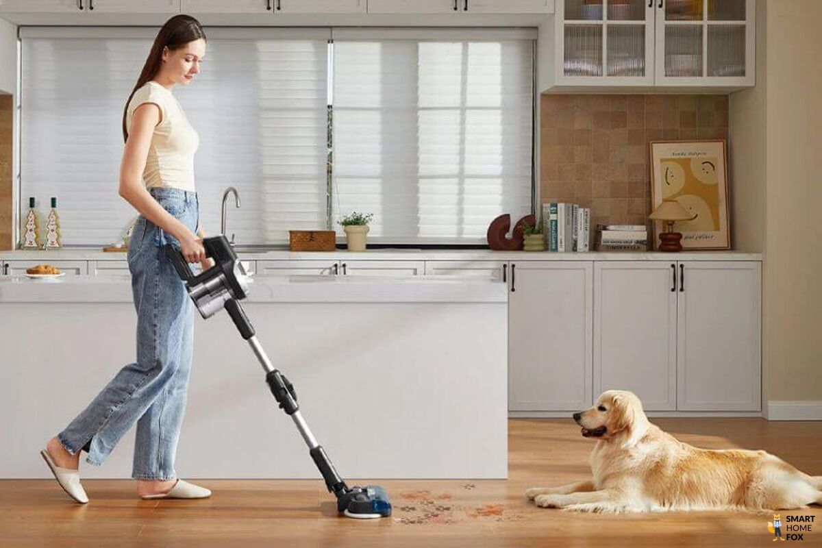 Der JIMMY JV9 Pro Aqua Wischsauger steht in einer Station an der Wand im Wohnzimmer, der Boden ist sehr sauber und das Wohnzimmer ist dank dem Wischsauger sehr gepflegt.