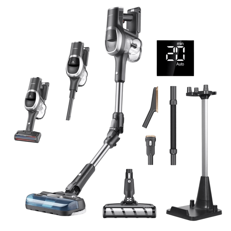 Der JIMMY JV9 Pro Aqua Wischsauger samt Ersatzteilen und Zusatzbürsten zu sehen.