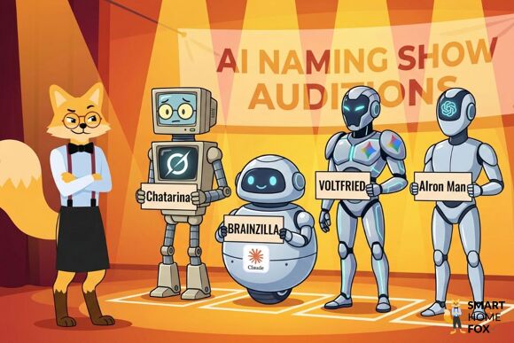 Collage mit witzigen KI-Figuren und Namensschildern für ChatGPT, Claude, Gemini und Grok. Smart Home Fox KI-Namen Ratgeber.