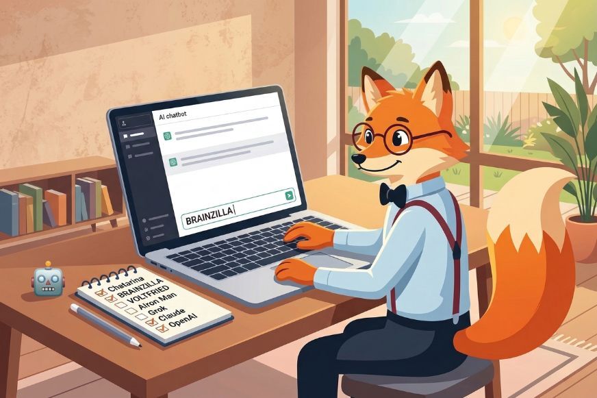 Person am Laptop gibt ihrer KI einen Namen im ChatGPT-Interface. Smart Home Fox KI-Namen Ratgeber.