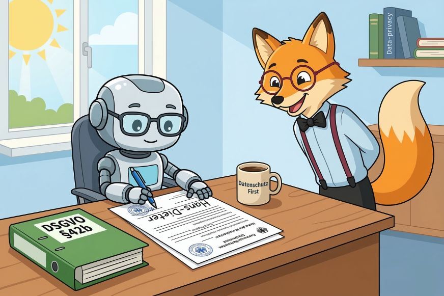 Witzige Illustration: KI-Roboter trinkt Kaffee und liest DSGVO-Bestimmungen. Smart Home Fox KI-Namen Ratgeber 2026.