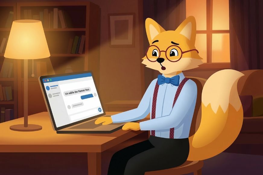 Person liest überrascht die Antwort ihrer KI, die sich selbst einen Namen ausgesucht hat. Smart Home Fox KI-Namen Ratgeber 2026.