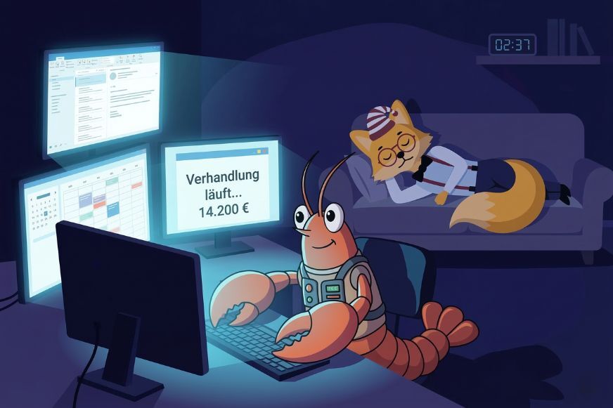 Witzige Illustration eines Hummers als KI-Assistent am Computer, Anspielung auf das Open Claw Maskottchen. Smart Home Fox KI-Namen Ratgeber. 