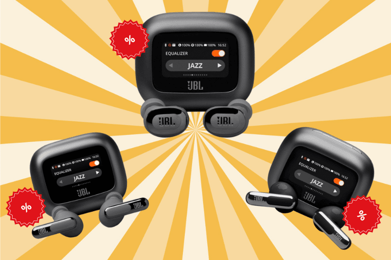 Diue JBL Buds 3, Beam 3 und Flex 3 Kopfhörer samt Ladecase sind zu sehen und mit einem Rabattschild gekennzeichnet, dass sie stark reduziert sind.