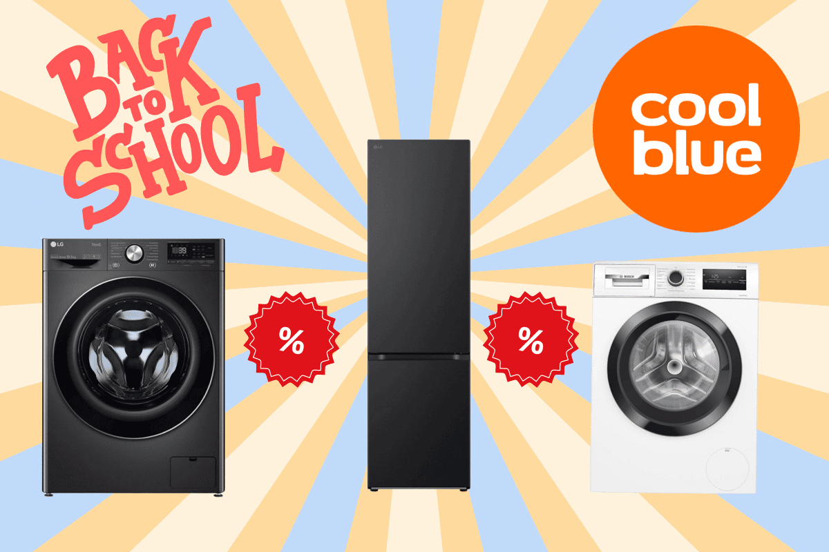 Ein Kühlschrank und zwei Waschmaschinen sind während der Coolblue Back to School Angebotswochen stark reduziert und im Angebot.