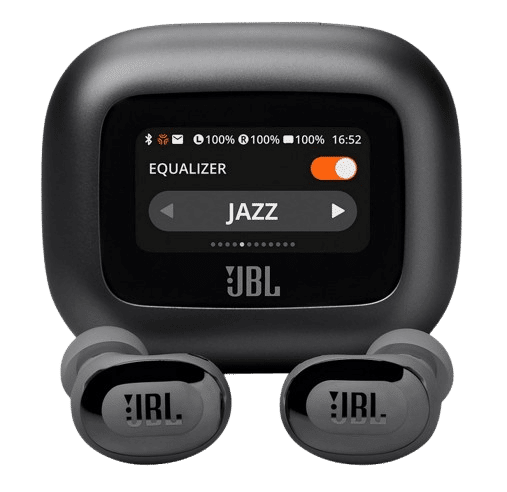 Die JBL Live Buds 3 Kopfhörer samt Case sind in der Einzelaufnahme zu sehen.