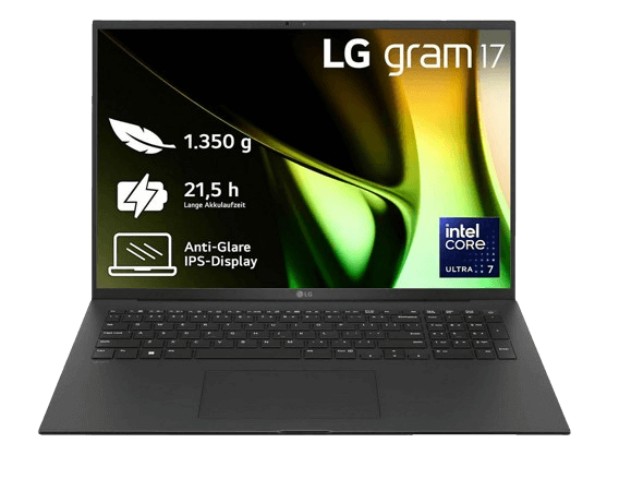 Das LG Gram 17ZV90S Notebook ist einzeln zu sehen.